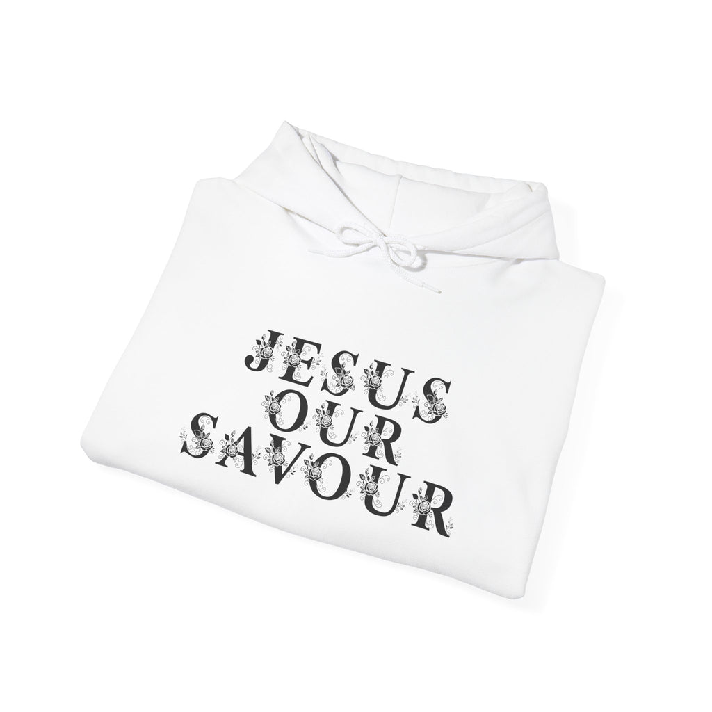 Christian Hoodie — “JESUS OUR SAVOUR” Front Text & Back Cross Faith Pullover