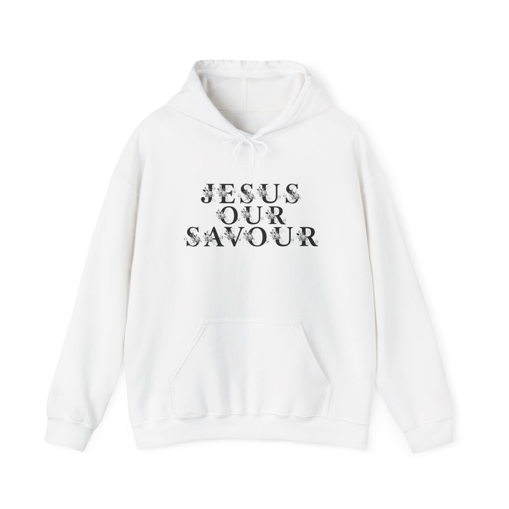 Christian Hoodie — “JESUS OUR SAVOUR” Front Text & Back Cross Faith Pullover