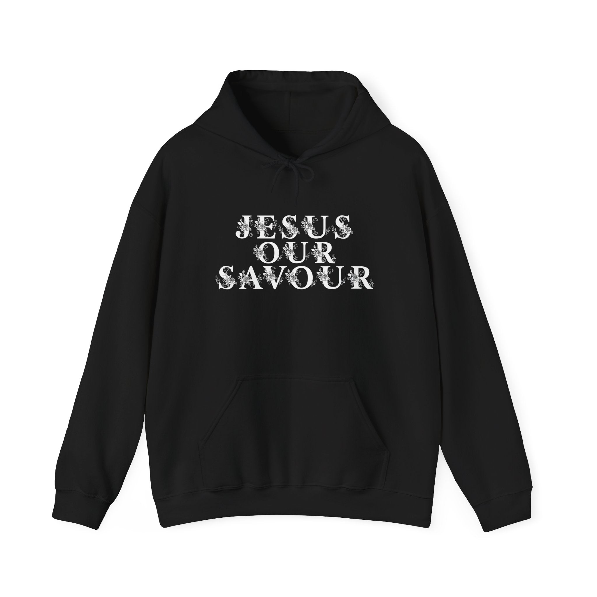 Christian Hoodie — “JESUS OUR SAVOUR” Front Text & Back Cross Faith Pullover