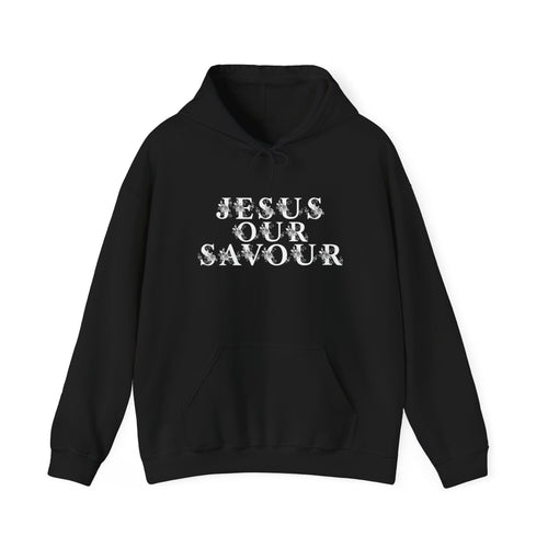 Christian Hoodie — “JESUS OUR SAVOUR” Front Text & Back Cross Faith Pullover