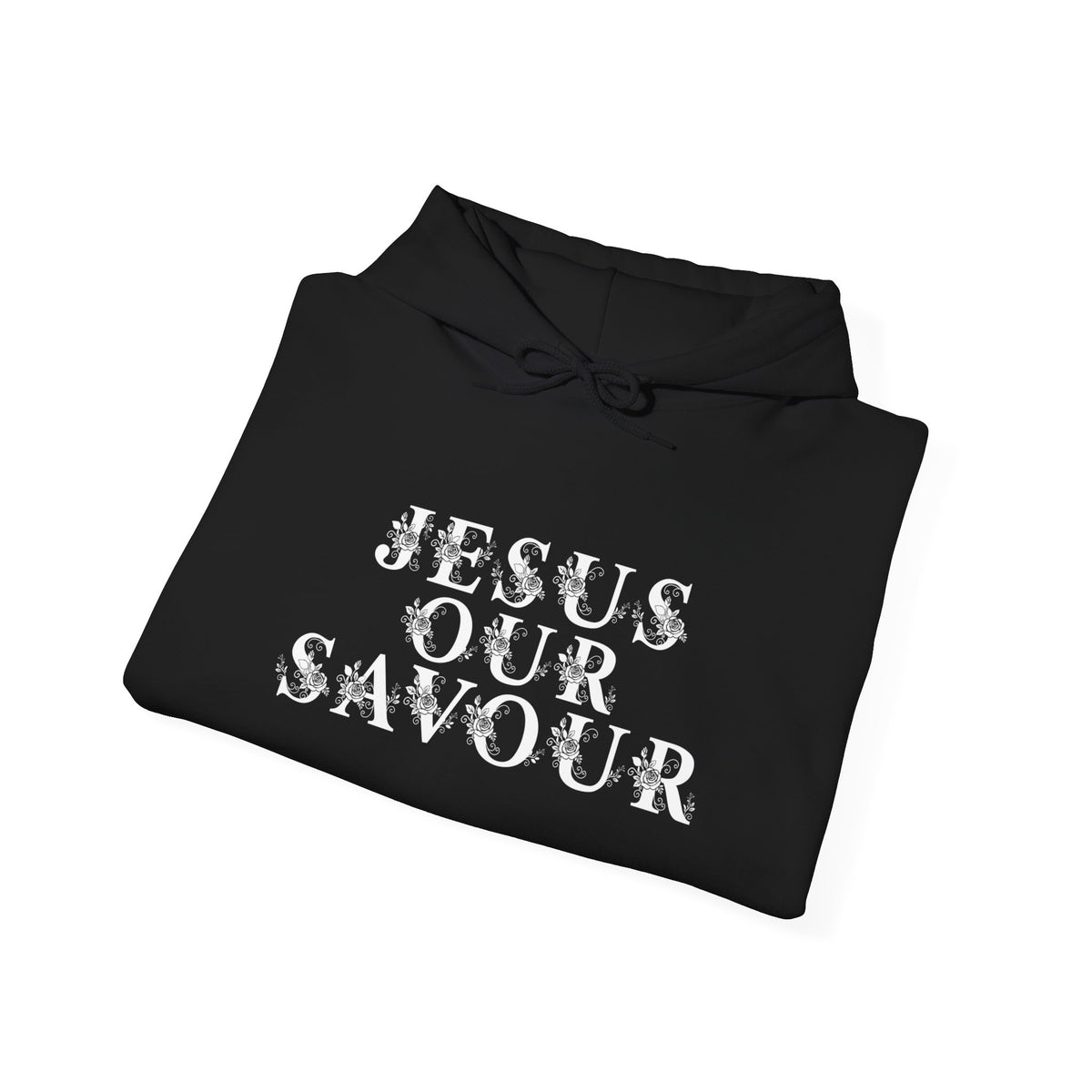 Christian Hoodie — “JESUS OUR SAVOUR” Front Text & Back Cross Faith Pullover